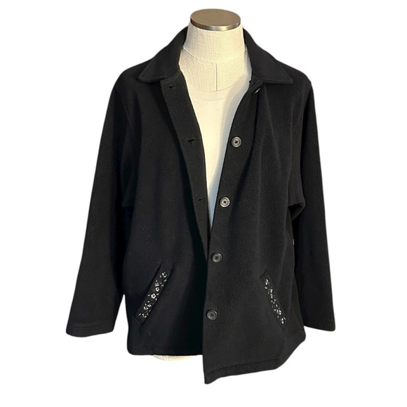 Cherokee Black Button-Up Fleece Jacket with Winter Embellished Pockets Size M - Picture 4 of 5